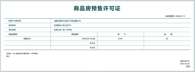 拿證速遞|萬達&middot;盛京one獲預售許可 共計72套房源